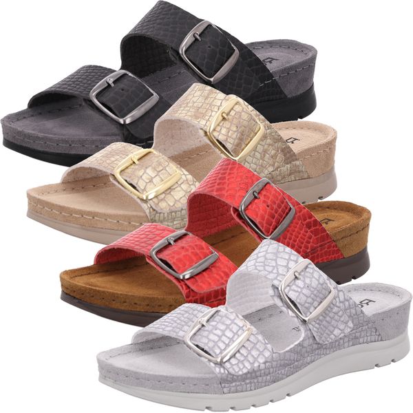 Rohde Damen Leder Pantolette mit Schnallen und kleinem Keilabsatz