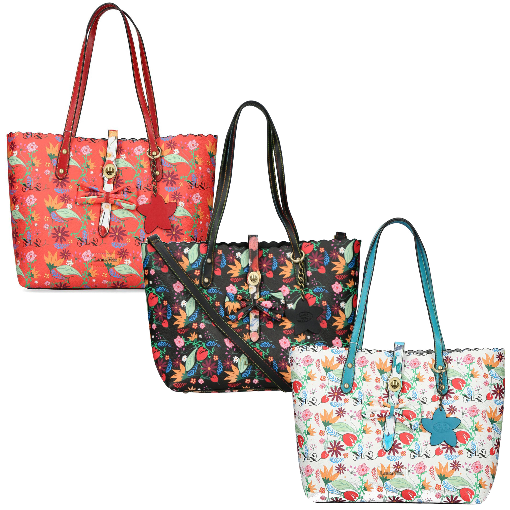 Laura Vita Damen City Shopper Handtasche Blumen geräumig Leder modern  Schuhparadiso