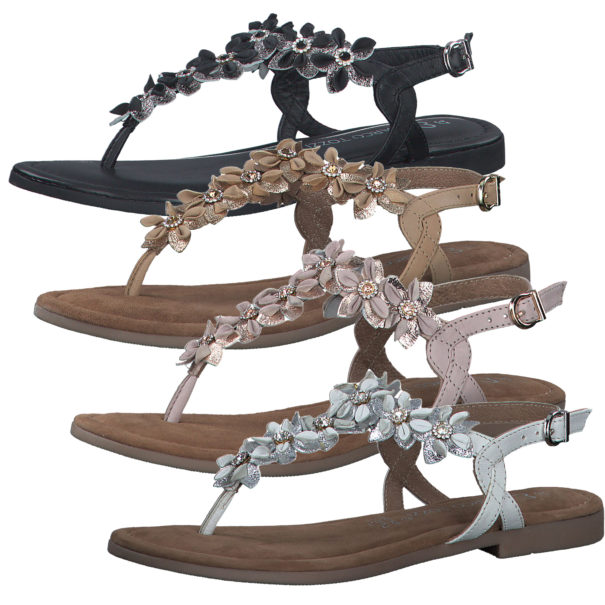 MARCO TOZZI Damen Sandale T-Riemen Leder Blumen Perlen