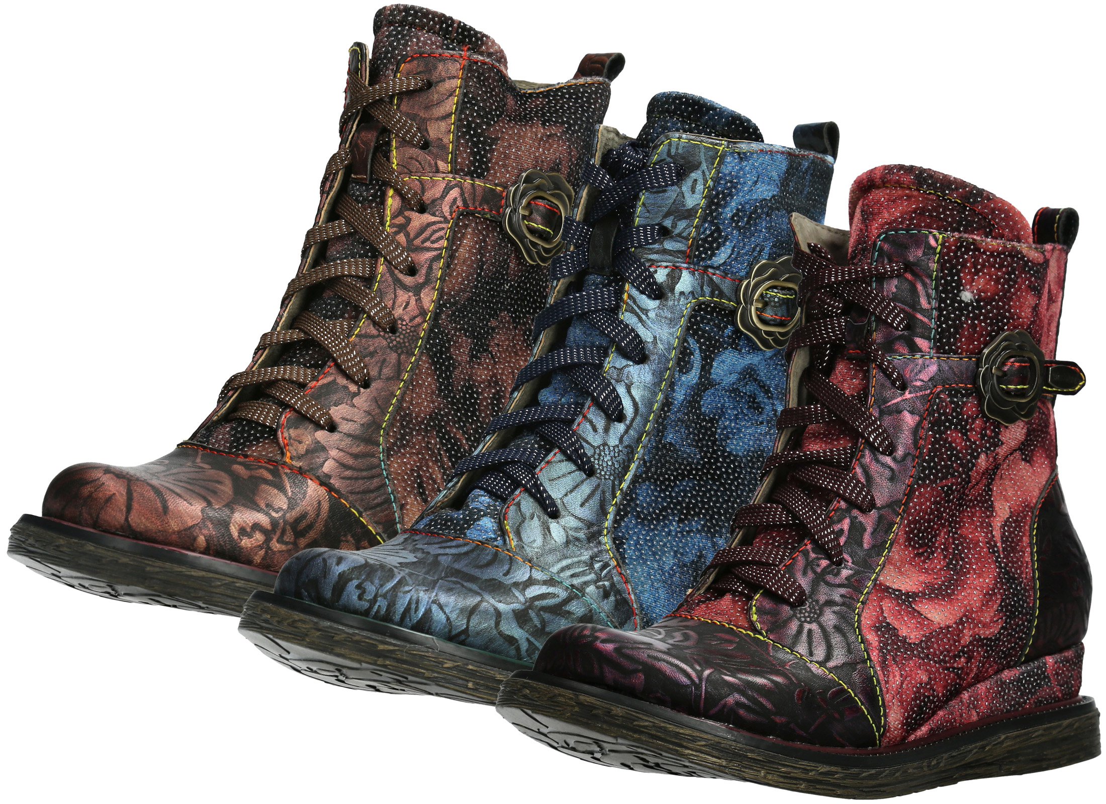 Laura Vita Damen Stiefelette Mit Blumenmuster - Leder Mit Floraler Schnalle Blockabsatz 4cm